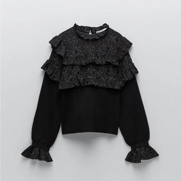 Zara nwt black lace crochet boho bohemian black knitted sweater top - Picture 4 of 7